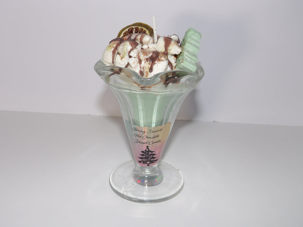 Peppermint Patty Dessert Candle with garnish,a cute little Christmas tree and chocolate topping.