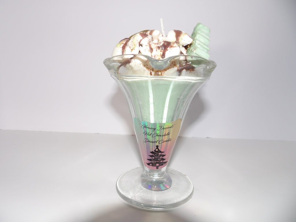 Peppermint Patty Dessert Candle with garnish,a cute little Christmas tree and chocolate topping.