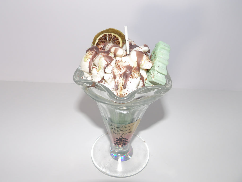 Peppermint Patty Dessert Candle with garnish,a cute little Christmas tree and chocolate topping.