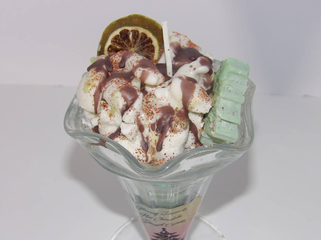 Peppermint Patty Dessert Candle with garnish,a cute little Christmas tree and chocolate topping.