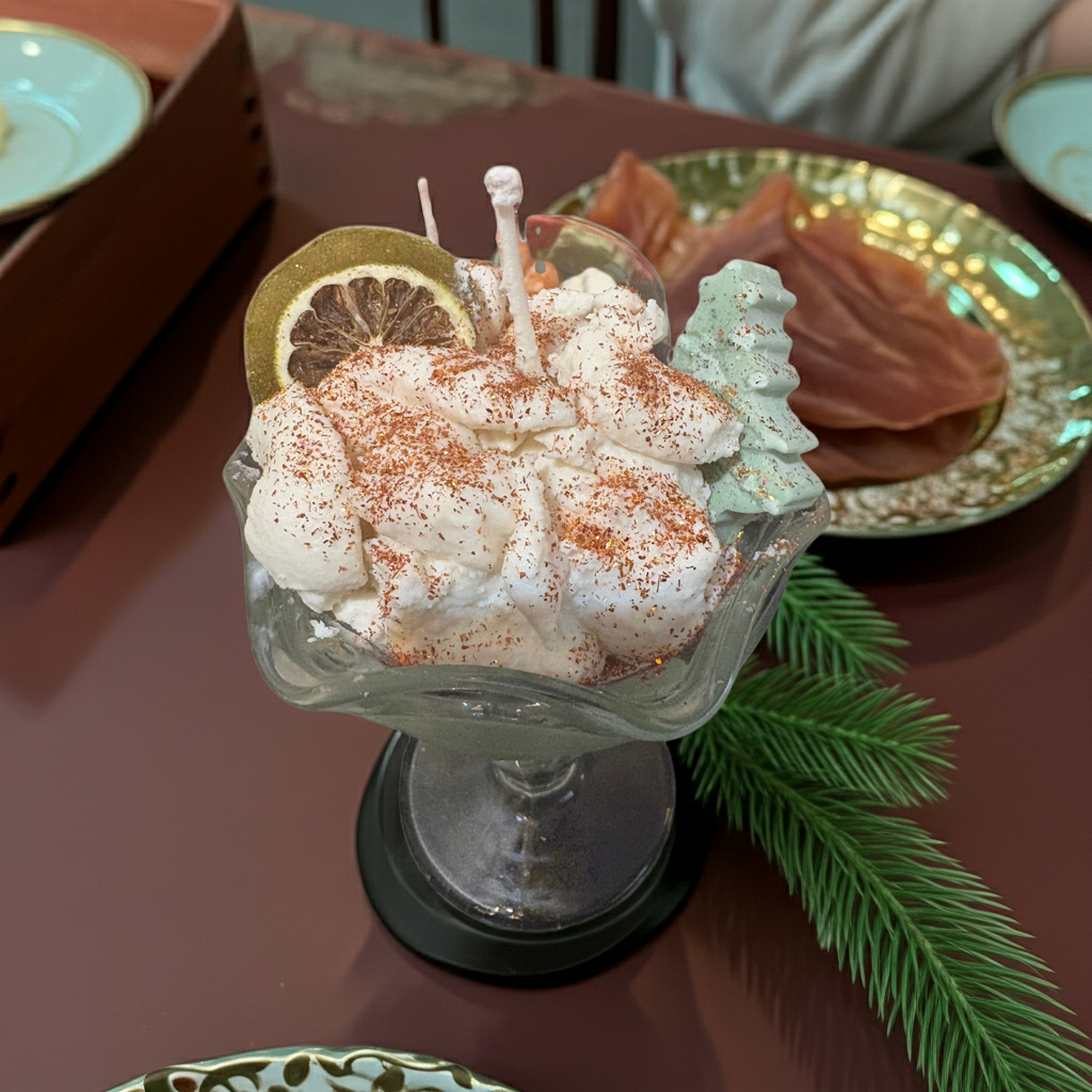 Peppermint Patty Dessert Candle with garnish,a cute little Christmas tree and chocolate topping.