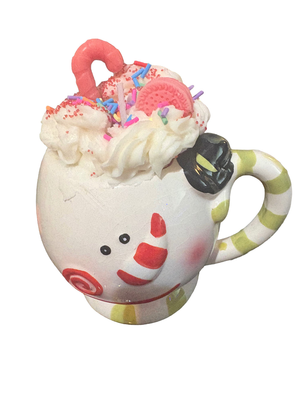 Candy Cane Dessert Candle in Snowman Mug