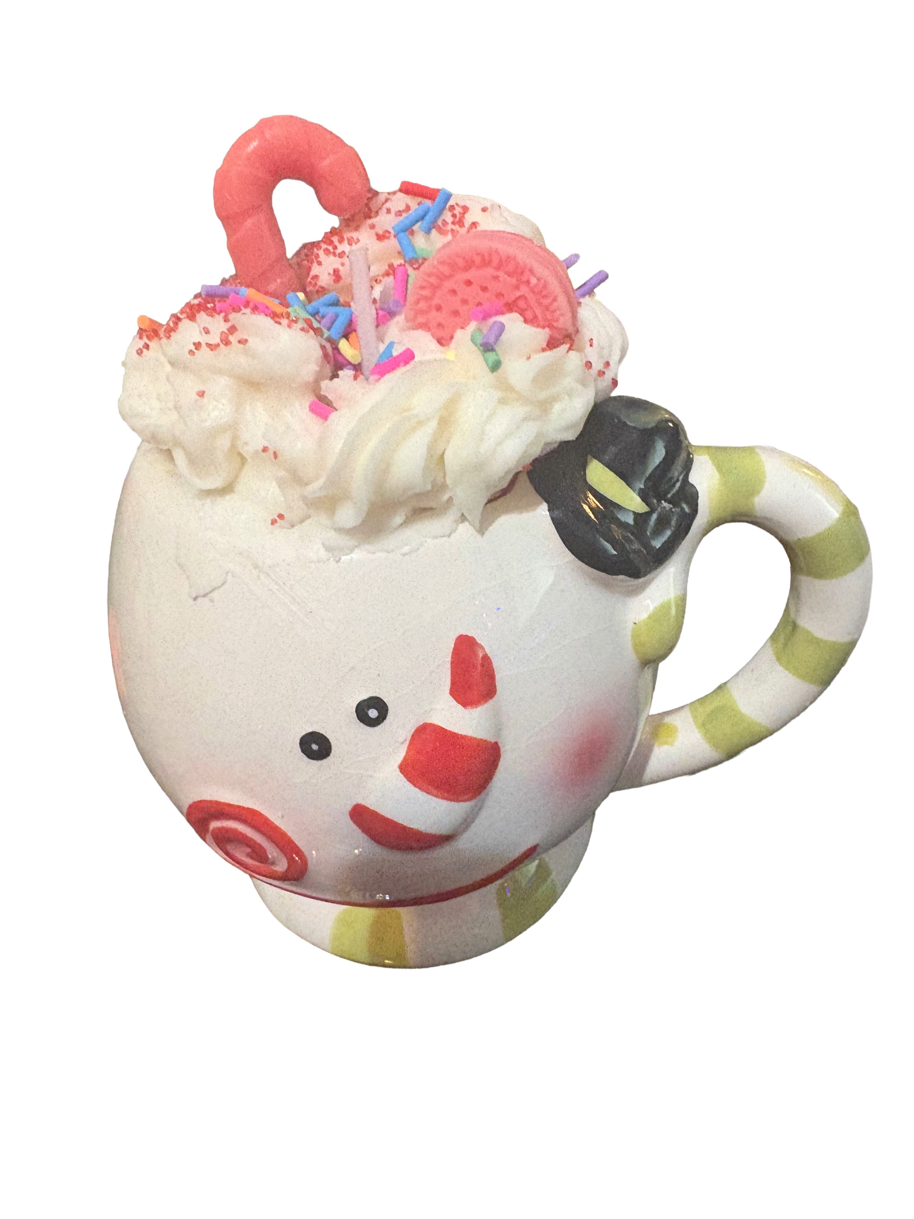 Candy Cane Dessert Candle in Snowman Mug