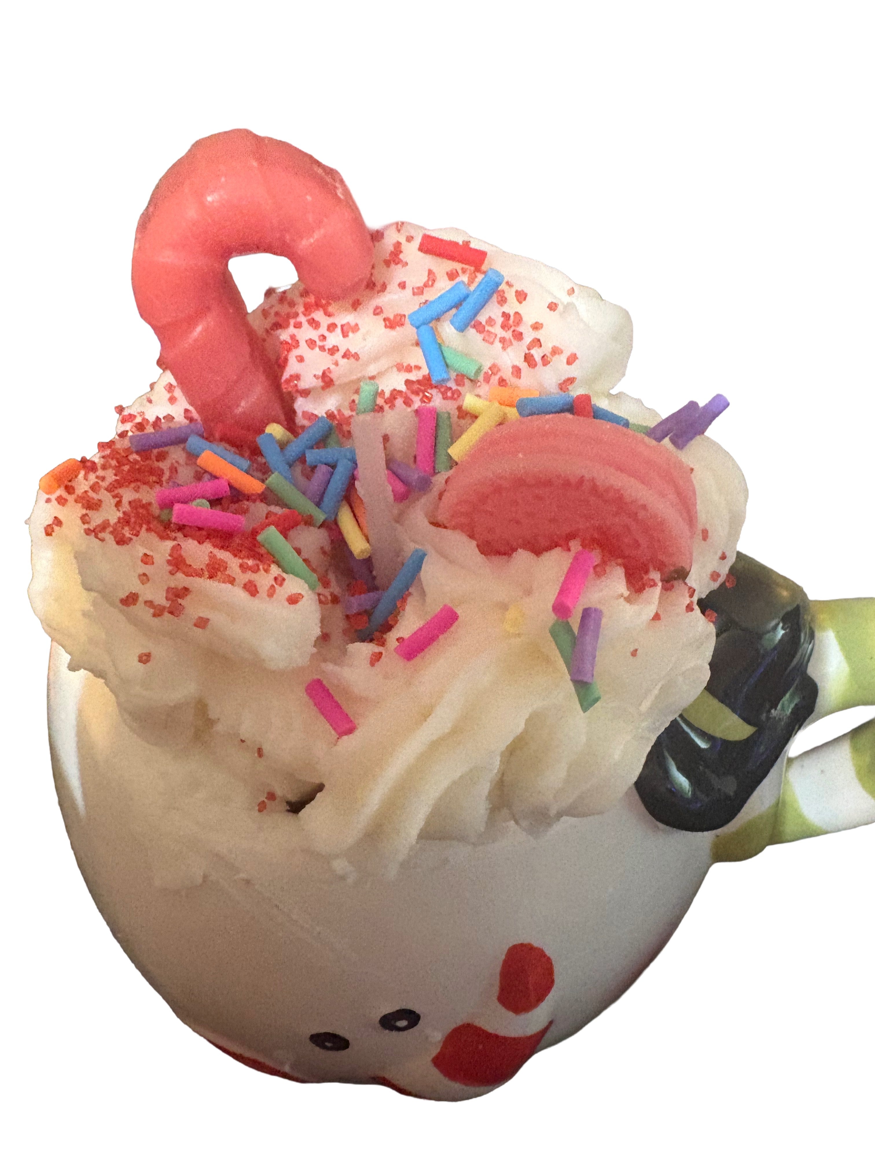 Candy Cane Dessert Candle in Snowman Mug