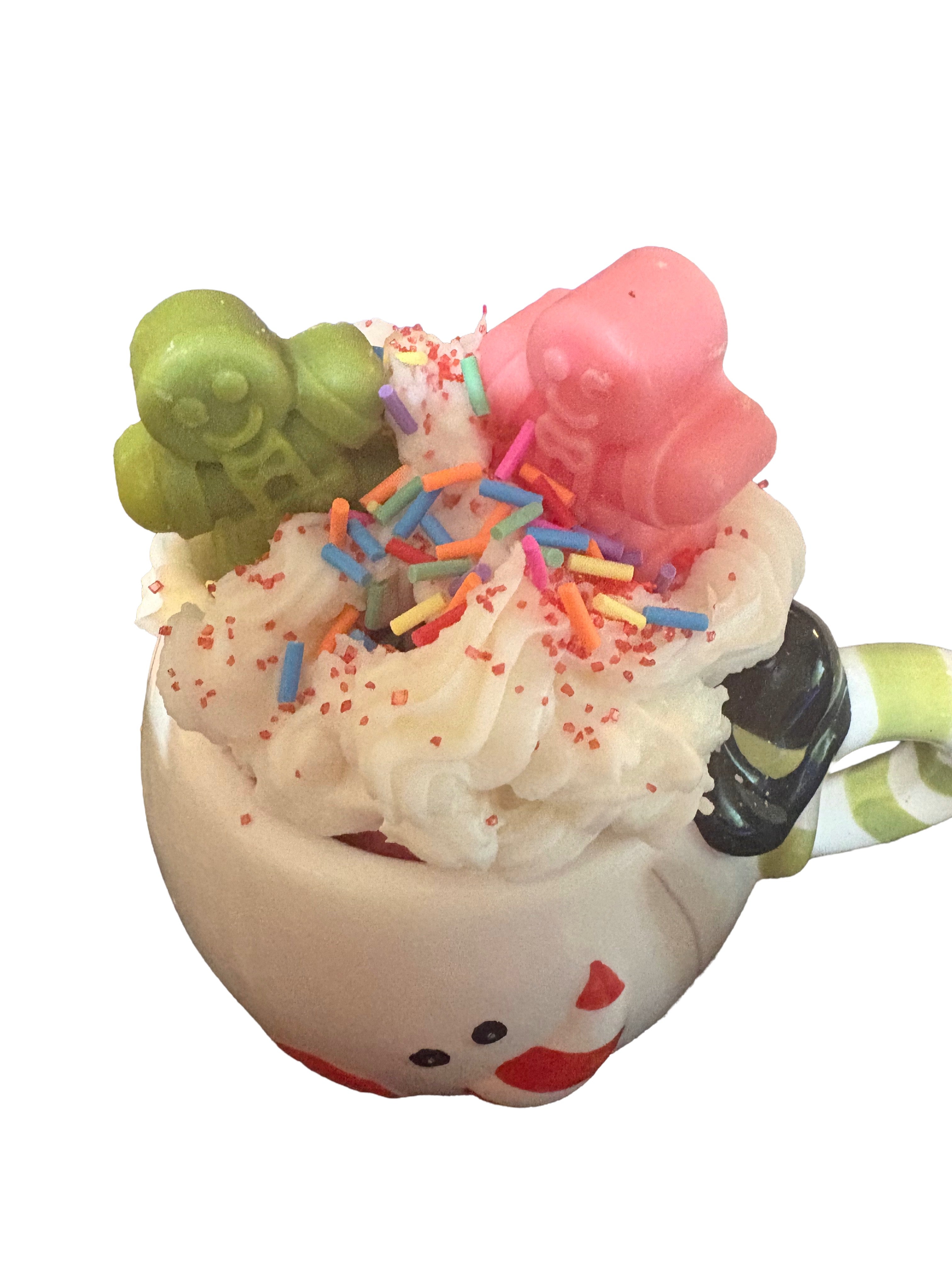 Candy Cane Dessert Candle in Snowman Mug