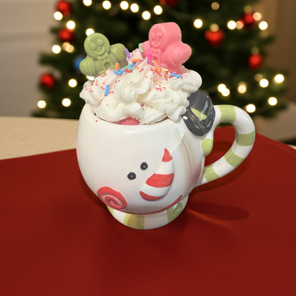 Candy Cane Dessert Candle in Snowman Mug