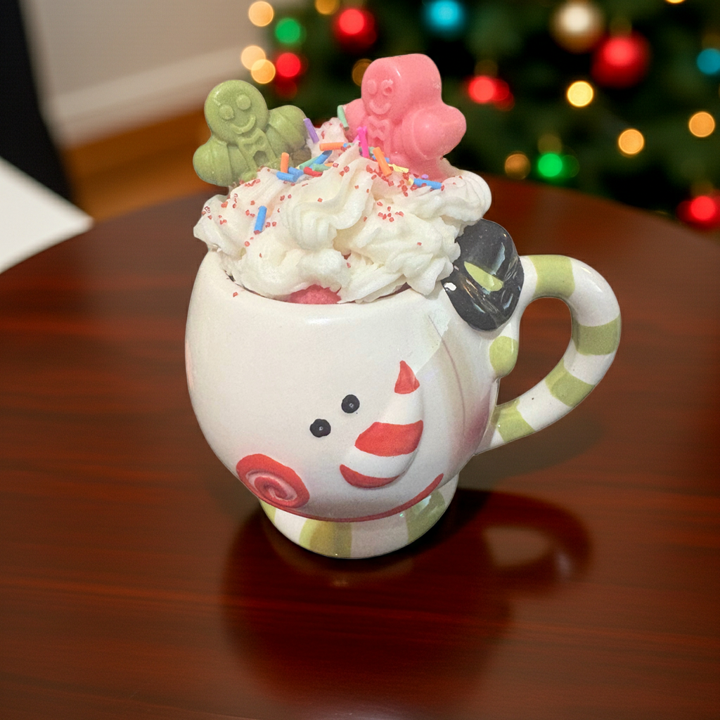 Candy Cane Dessert Candle in Snowman Mug
