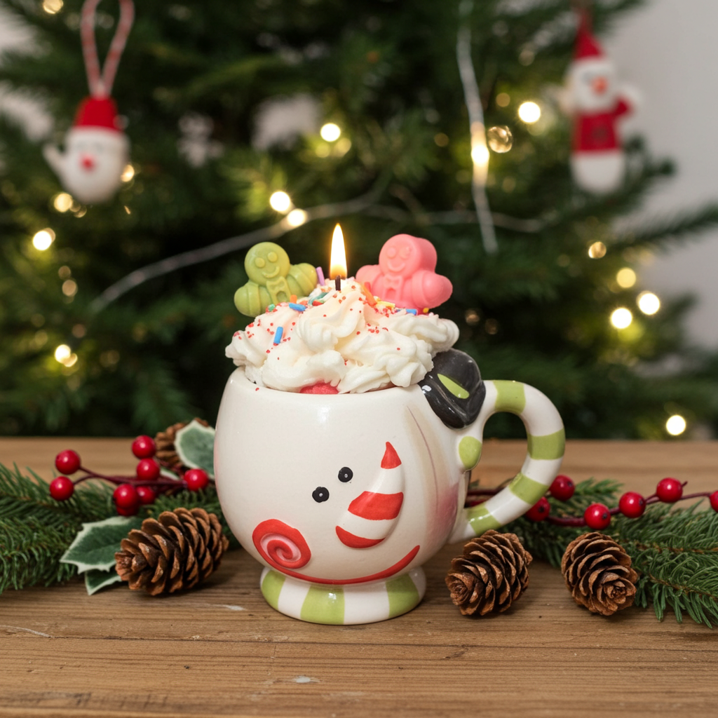 Candy Cane Dessert Candle in Snowman Mug