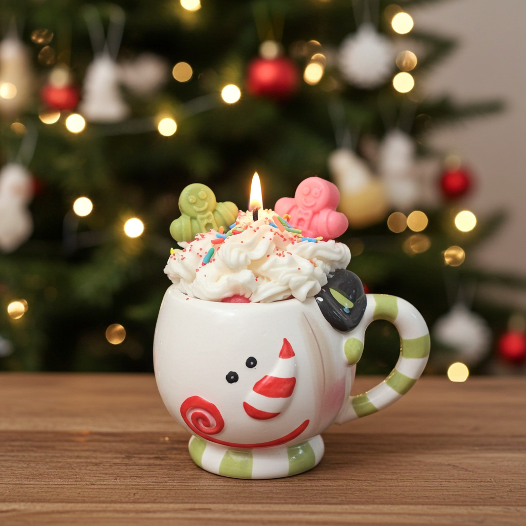 Candy Cane Dessert Candle in Snowman Mug
